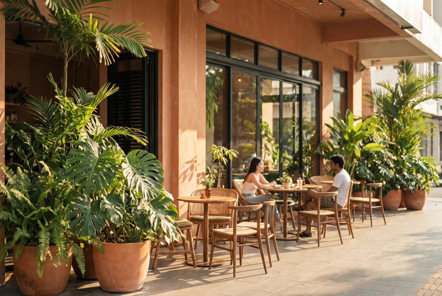 The terrace at Greenhouse, tables under the monstera once the wall is open