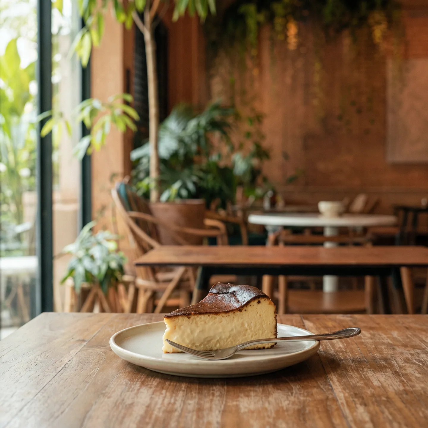 A slice of burnt basque cheesecake on a small plate
