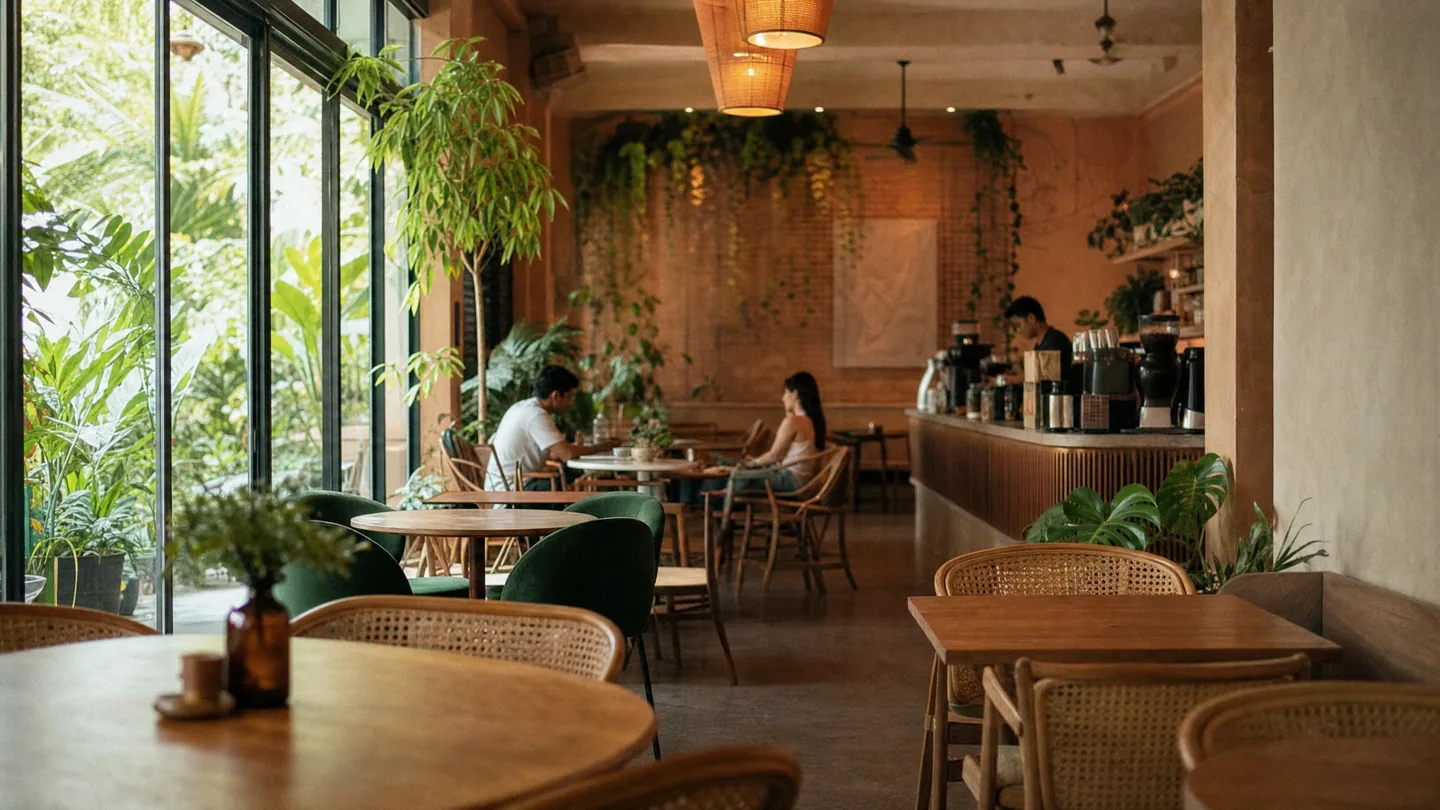 The room at Greenhouse, looking down the west windows past the green leather chairs to the counter