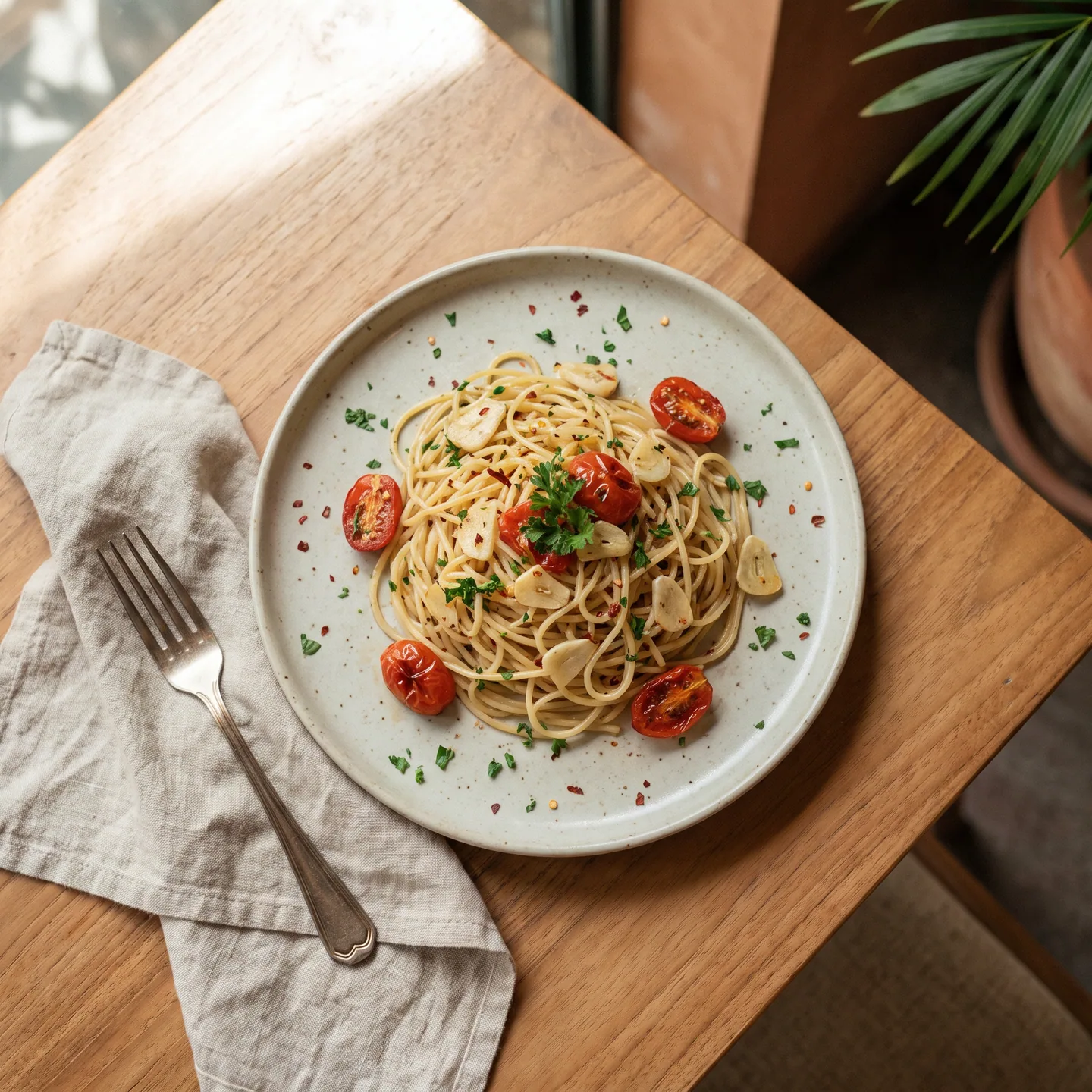 Tagliatelle with confit tomato on a pale ceramic plate