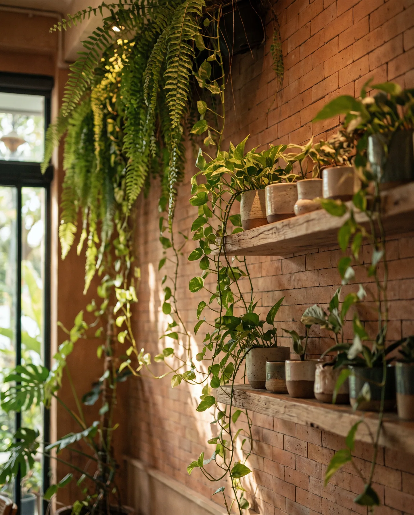 Ferns and pothos hanging down a brick wall above shelves of stacked ceramic cups