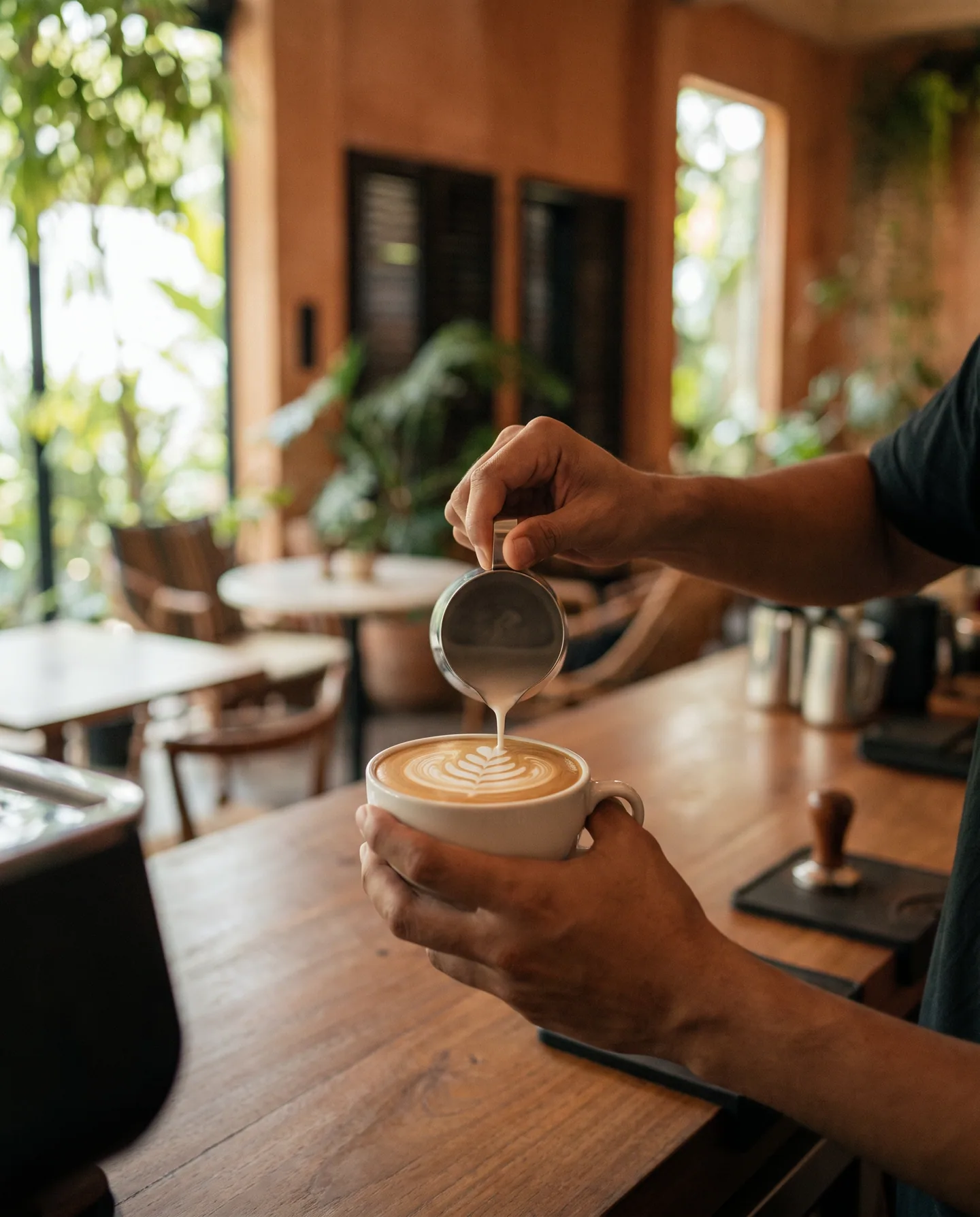 Milk being poured into a flat white at the bar