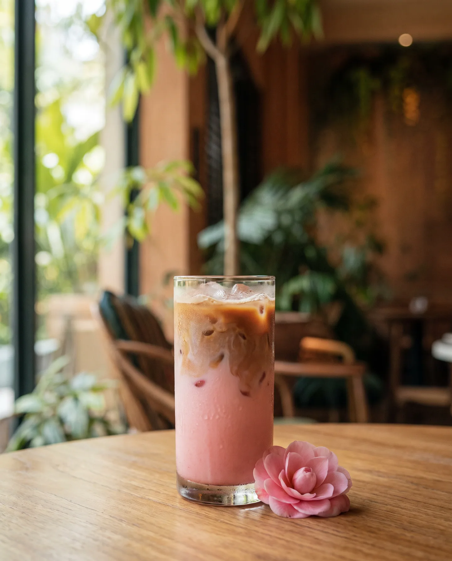 An iced rose latte on a timber table with a camellia beside it